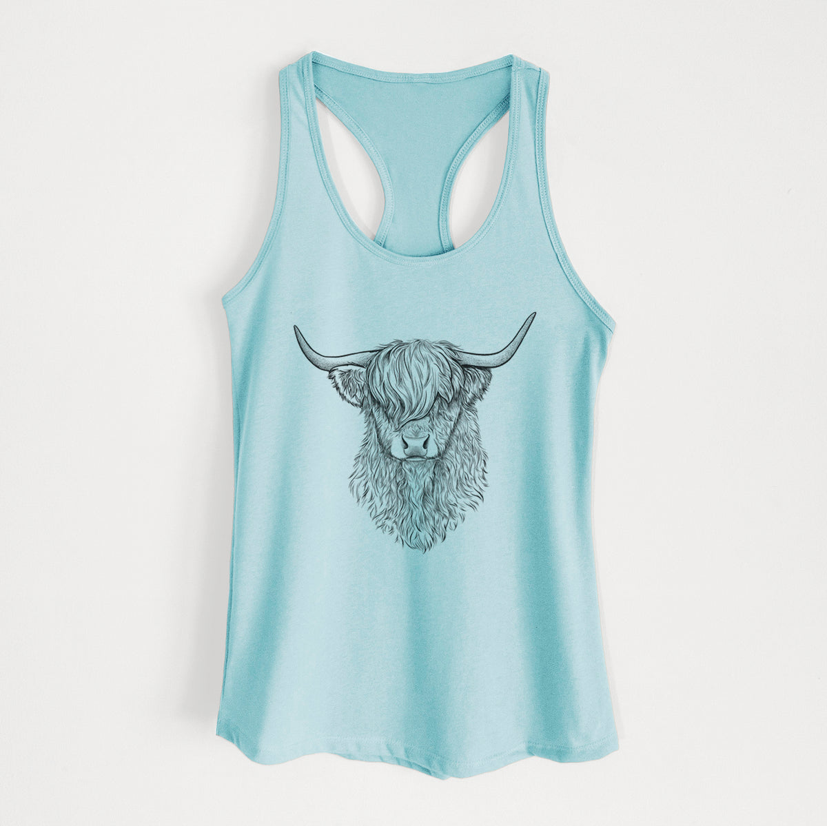 Cancun blue women's racerback tank top laid flat, printed with a detailed black ink portrait of a shaggy highland cow with long curved horns.