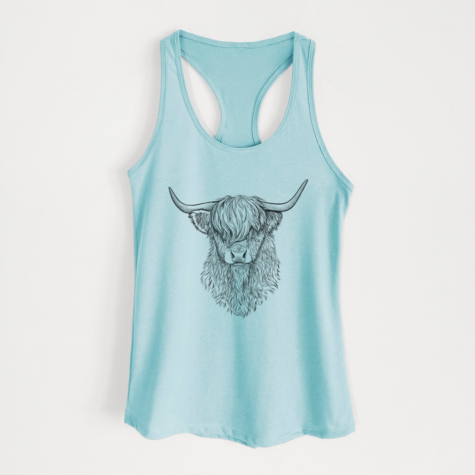 Banana cream women's racerback tank top laid flat, printed with a detailed black ink portrait of a shaggy highland cow with long curved horns.