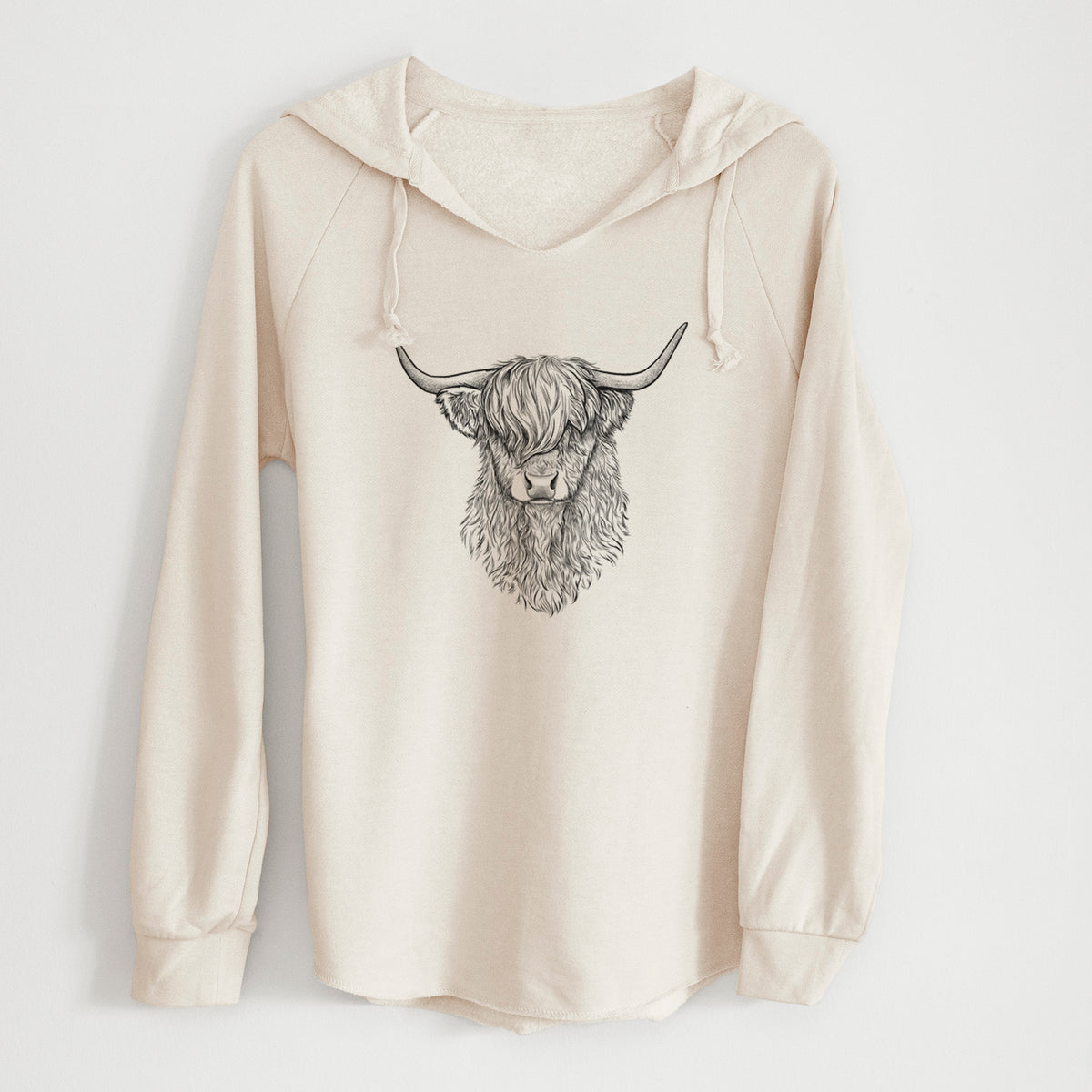 Bone cream women's Cali Wave hooded sweatshirt laid flat, printed with a detailed black ink portrait of a shaggy highland cow with long curved horns.