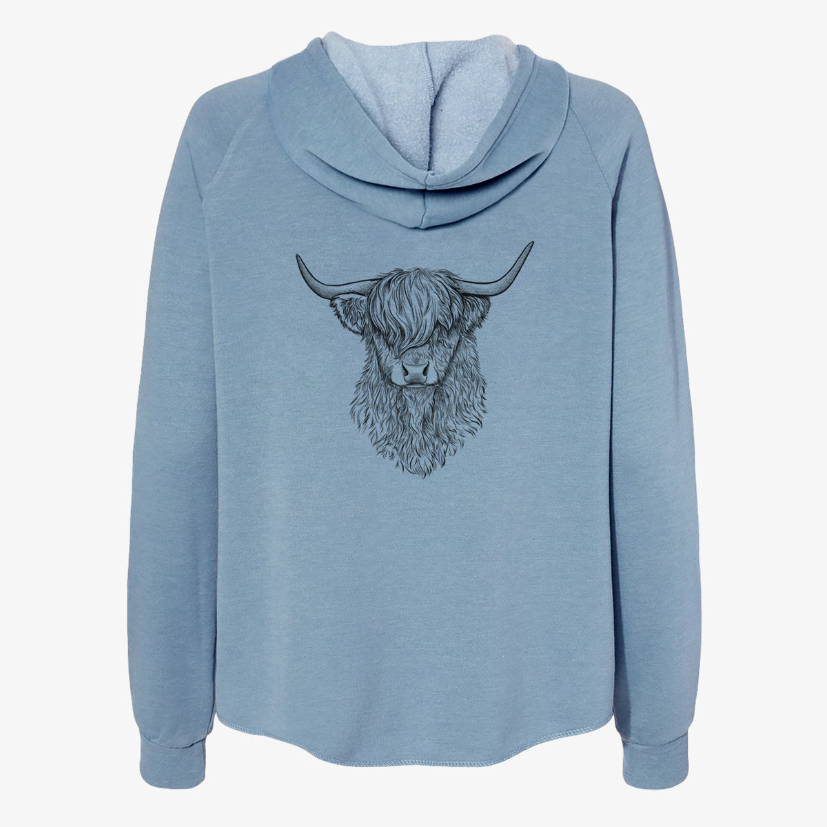 Misty blue women's Cali Wave zip-up sweatshirt laid flat, printed with a detailed black ink portrait of a shaggy highland cow with long curved horns.