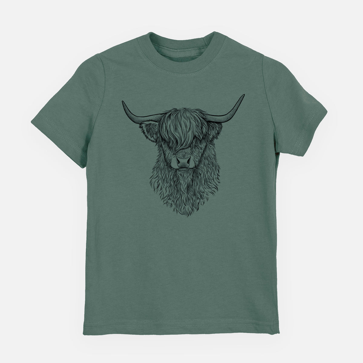 Basil green youth t-shirt laid flat, printed with a detailed black ink portrait of a shaggy highland cow with long curved horns.