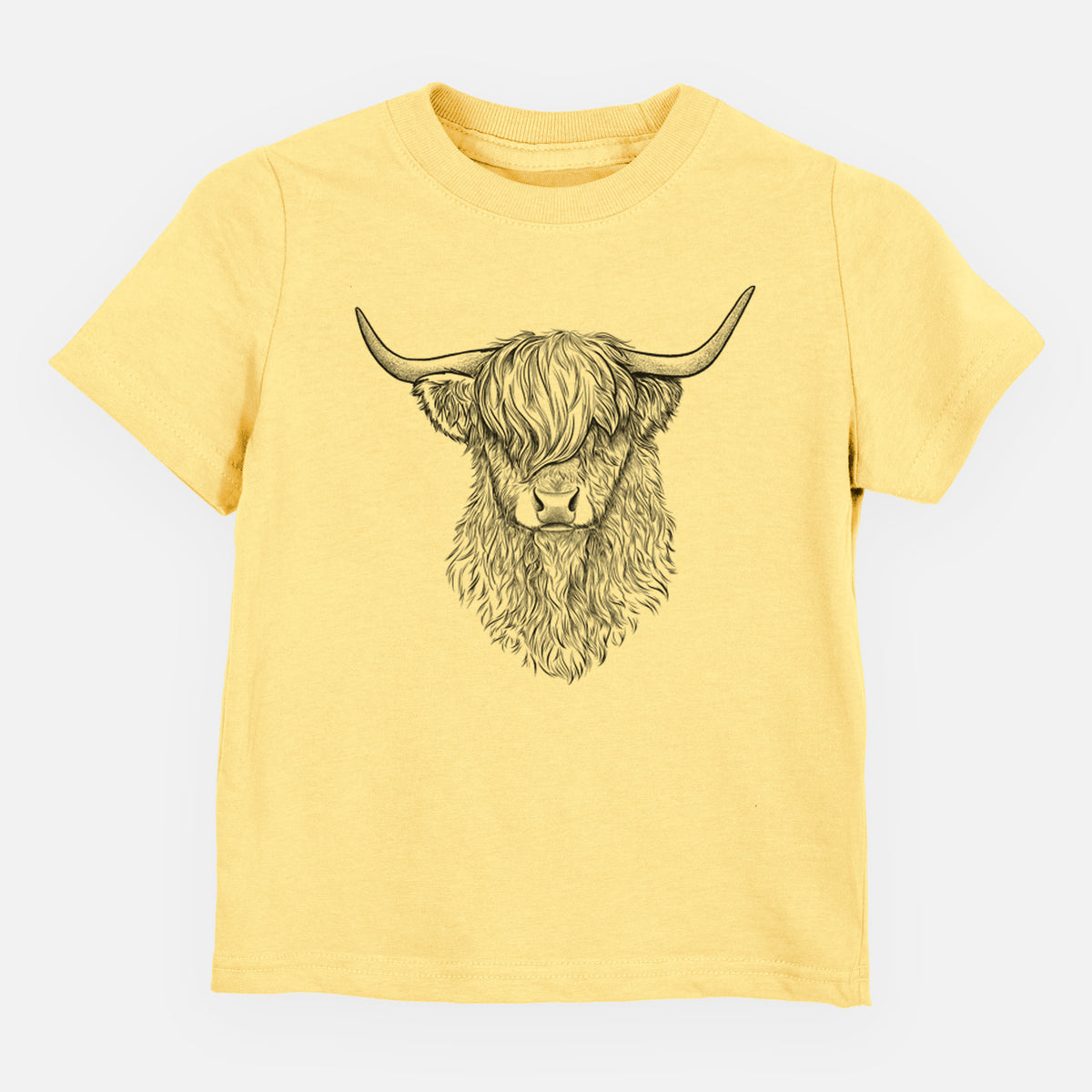 Butter yellow toddler t-shirt laid flat, printed with a detailed black ink portrait of a shaggy highland cow with long curved horns.