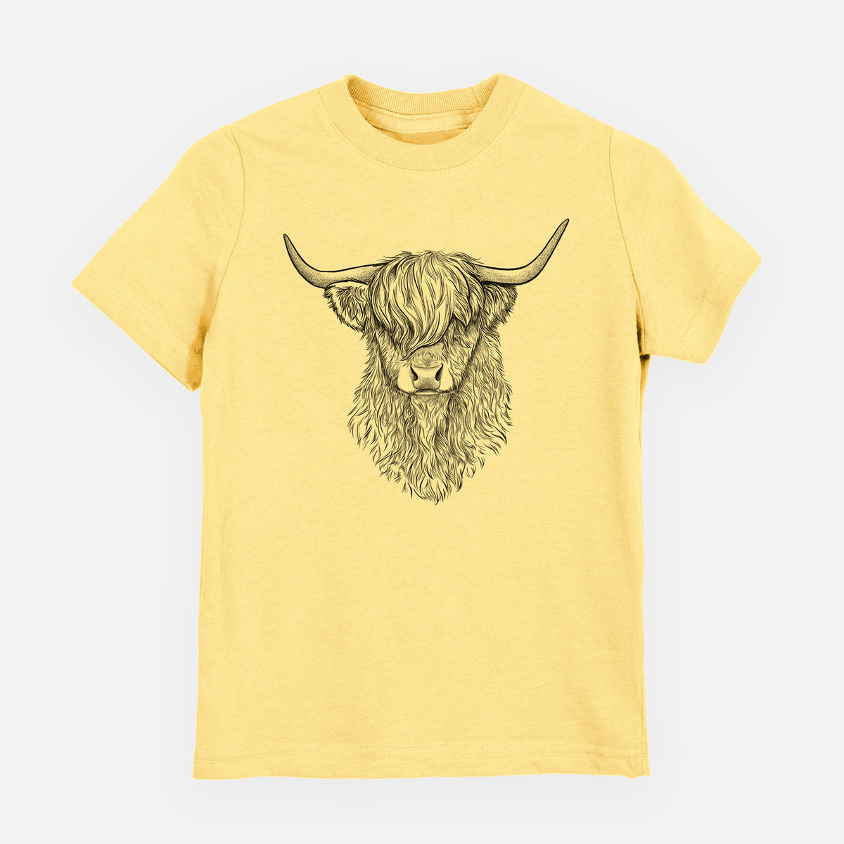 Butter yellow youth t-shirt laid flat, printed with a detailed black ink portrait of a shaggy highland cow with long curved horns.
