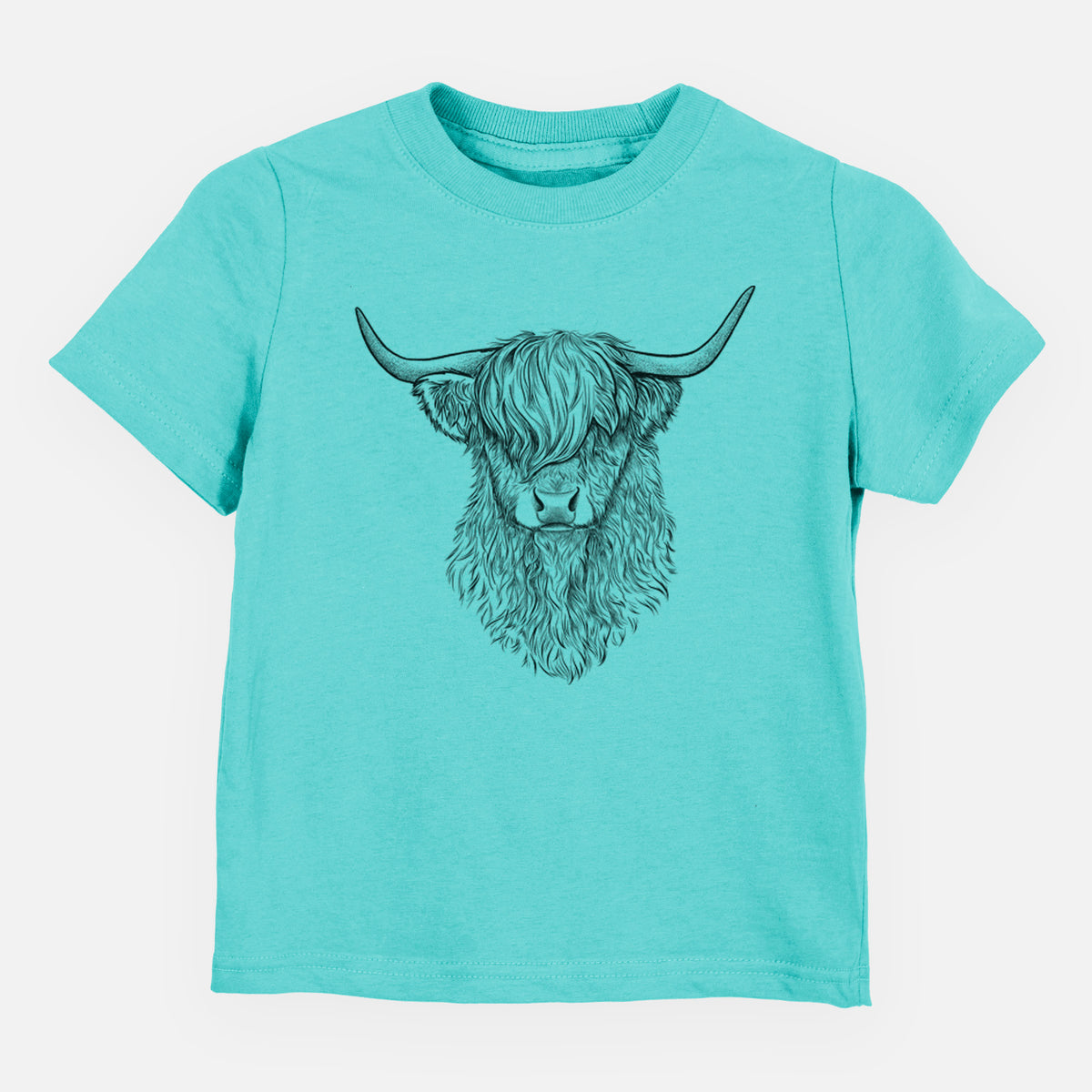 Caribbean blue toddler t-shirt laid flat, printed with a detailed black ink portrait of a shaggy highland cow with long curved horns.