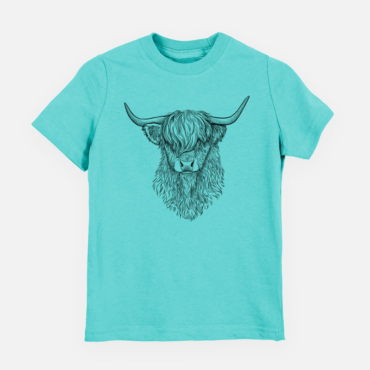 Caribbean blue youth t-shirt laid flat, printed with a detailed black ink portrait of a shaggy highland cow with long curved horns.