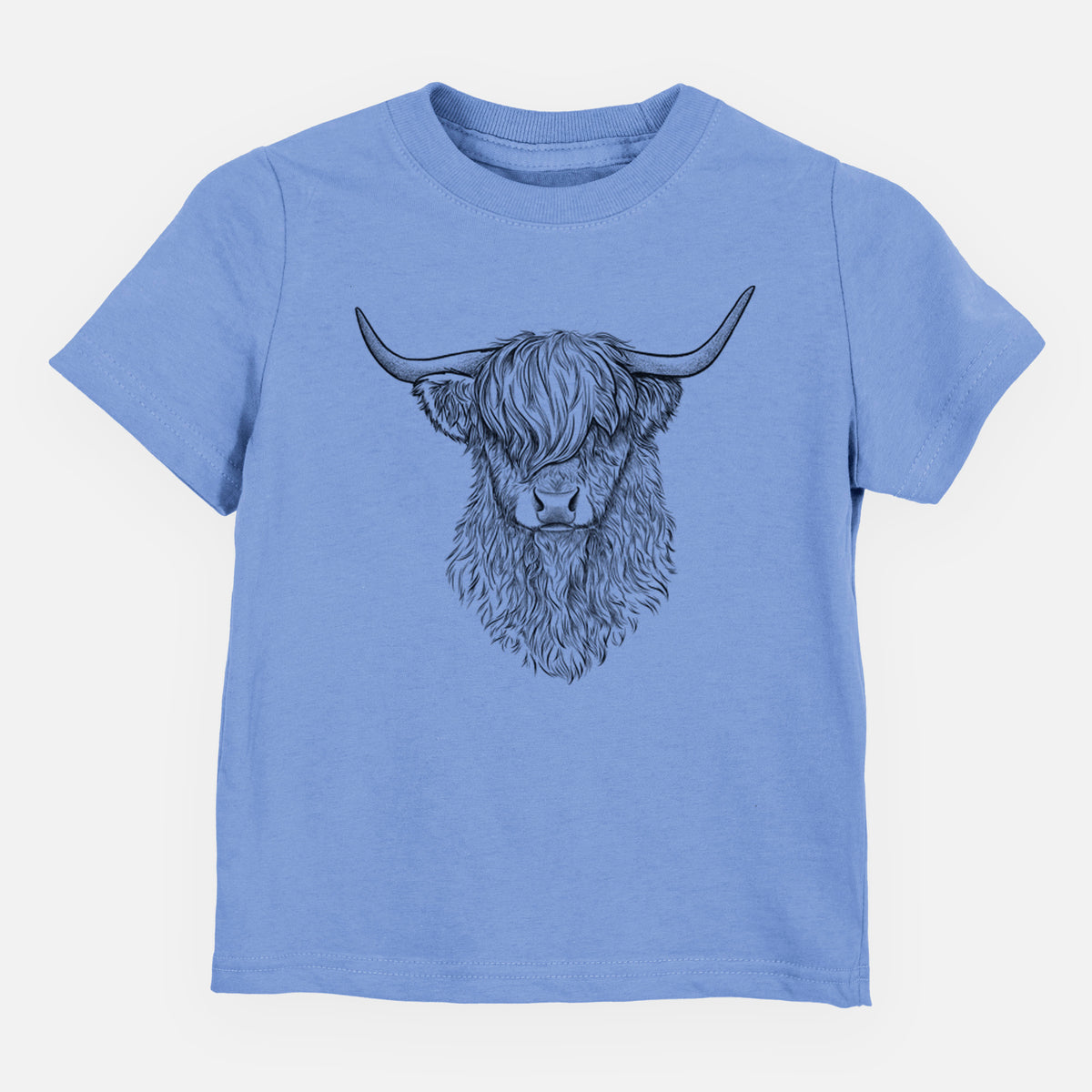 Carolina blue toddler t-shirt laid flat, printed with a detailed black ink portrait of a shaggy highland cow with long curved horns.