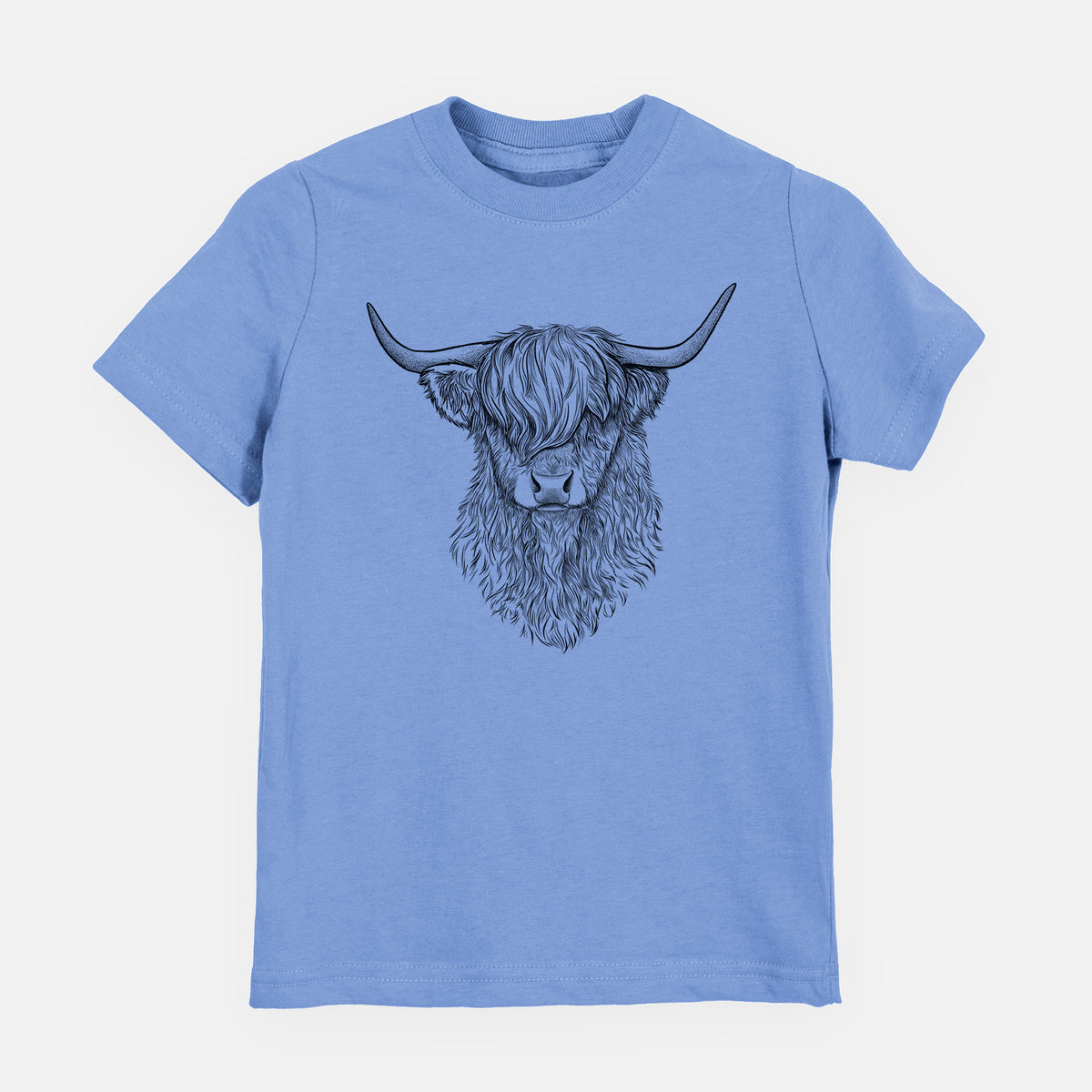 Carolina blue youth t-shirt laid flat, printed with a detailed black ink portrait of a shaggy highland cow with long curved horns.