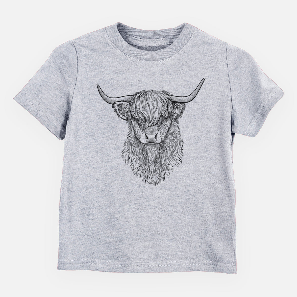 Heather grey toddler t-shirt laid flat, printed with a detailed black ink portrait of a shaggy highland cow with long curved horns.
