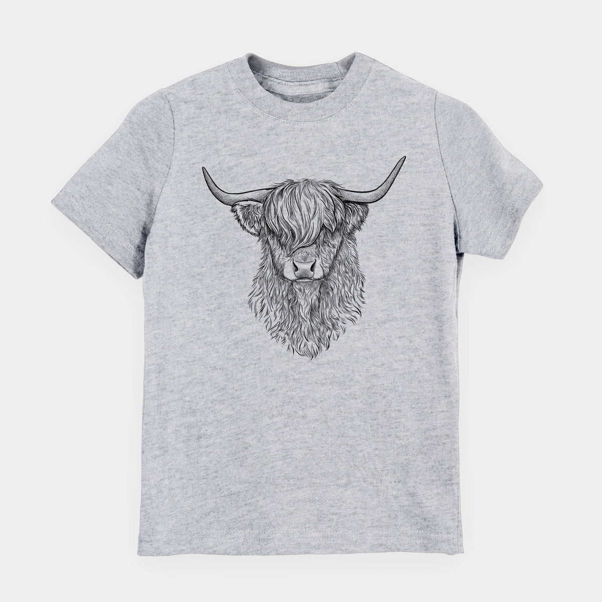 Heather grey youth t-shirt laid flat, printed with a detailed black ink portrait of a shaggy highland cow with long curved horns.