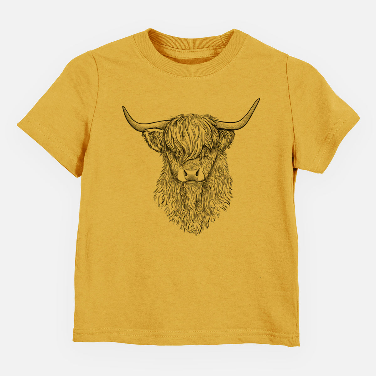 Honeycomb yellow toddler t-shirt laid flat, printed with a detailed black ink portrait of a shaggy highland cow with long curved horns.