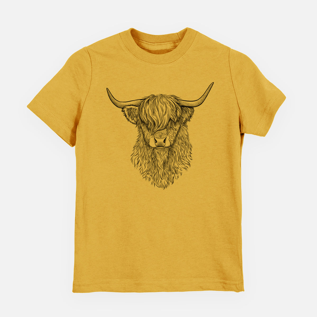 Honeycomb yellow youth t-shirt laid flat, printed with a detailed black ink portrait of a shaggy highland cow with long curved horns.