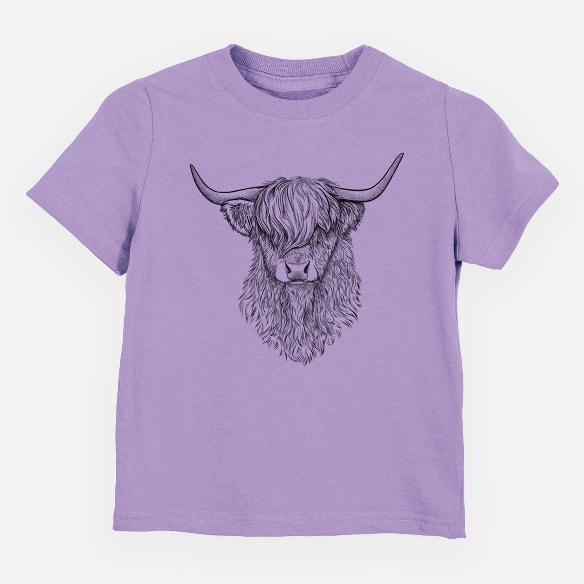 Lavender toddler t-shirt laid flat, printed with a detailed black ink portrait of a shaggy highland cow with long curved horns.