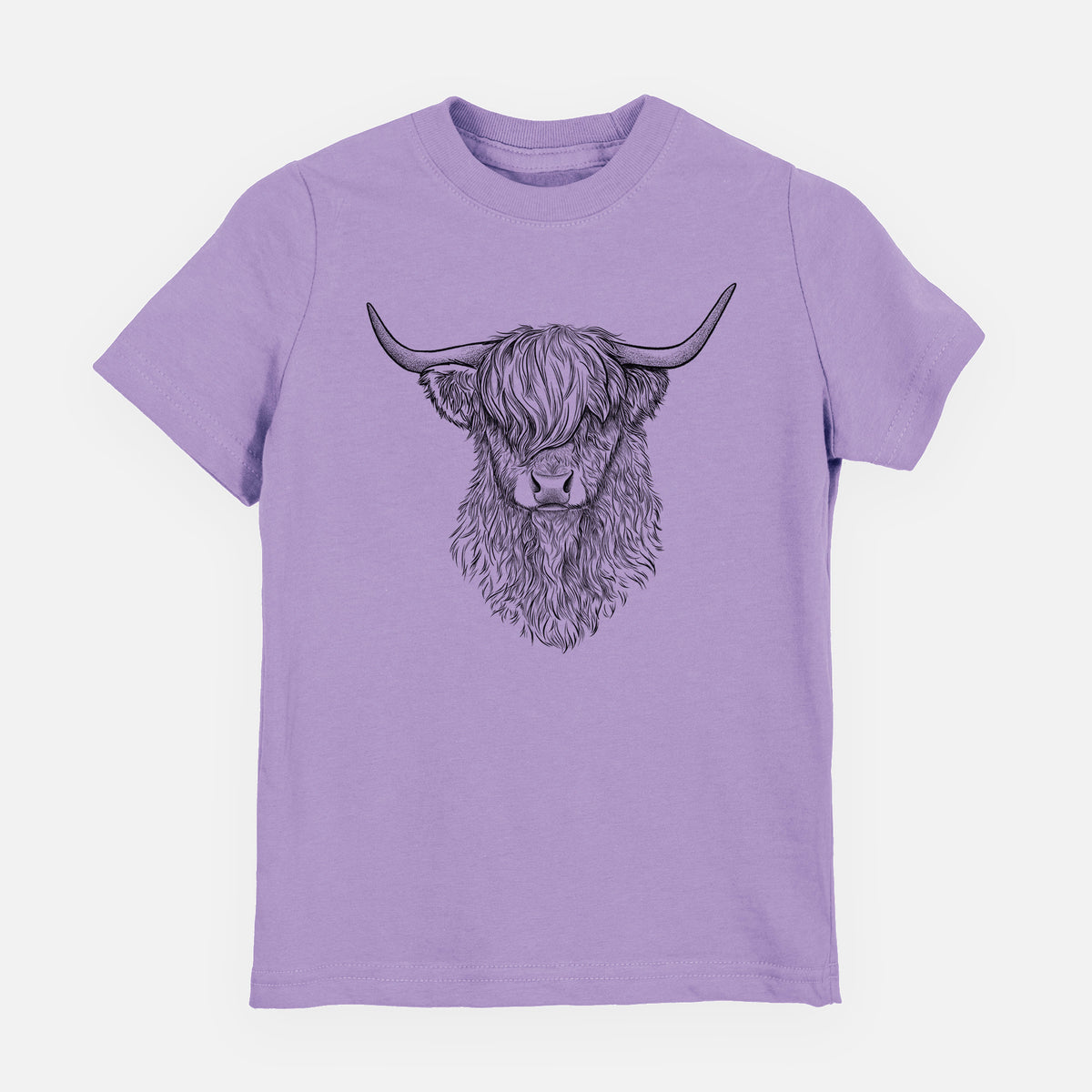 Lavender youth t-shirt laid flat, printed with a detailed black ink portrait of a shaggy highland cow with long curved horns.