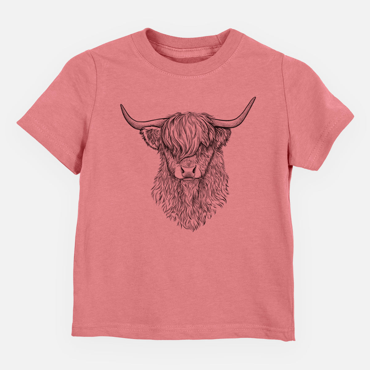 Mauve pink toddler t-shirt laid flat, printed with a detailed black ink portrait of a shaggy highland cow with long curved horns.