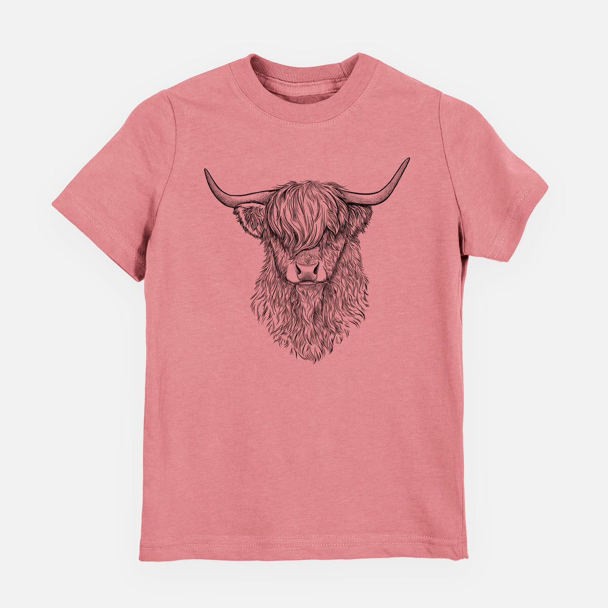 Mauve pink youth t-shirt laid flat, printed with a detailed black ink portrait of a shaggy highland cow with long curved horns.
