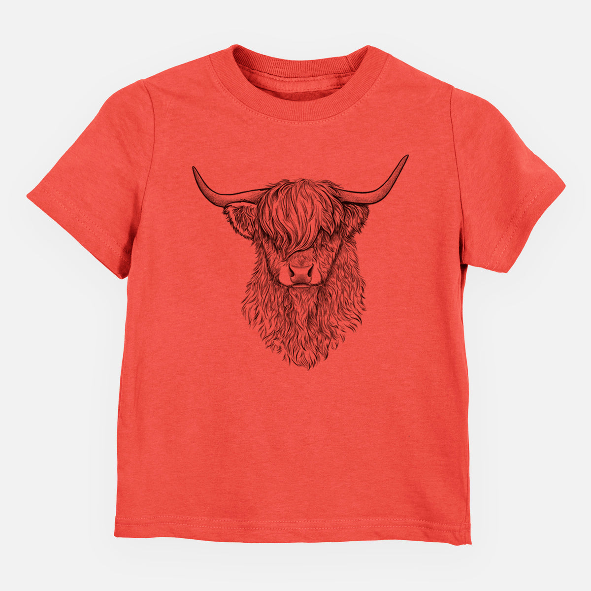 Passionfruit pink toddler t-shirt laid flat, printed with a detailed black ink portrait of a shaggy highland cow with long curved horns.