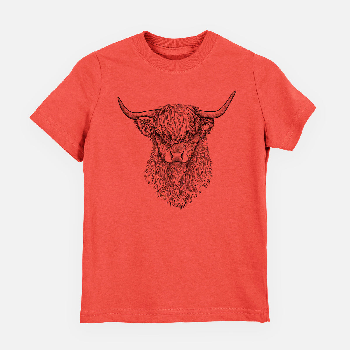 Passionfruit pink youth t-shirt laid flat, printed with a detailed black ink portrait of a shaggy highland cow with long curved horns.