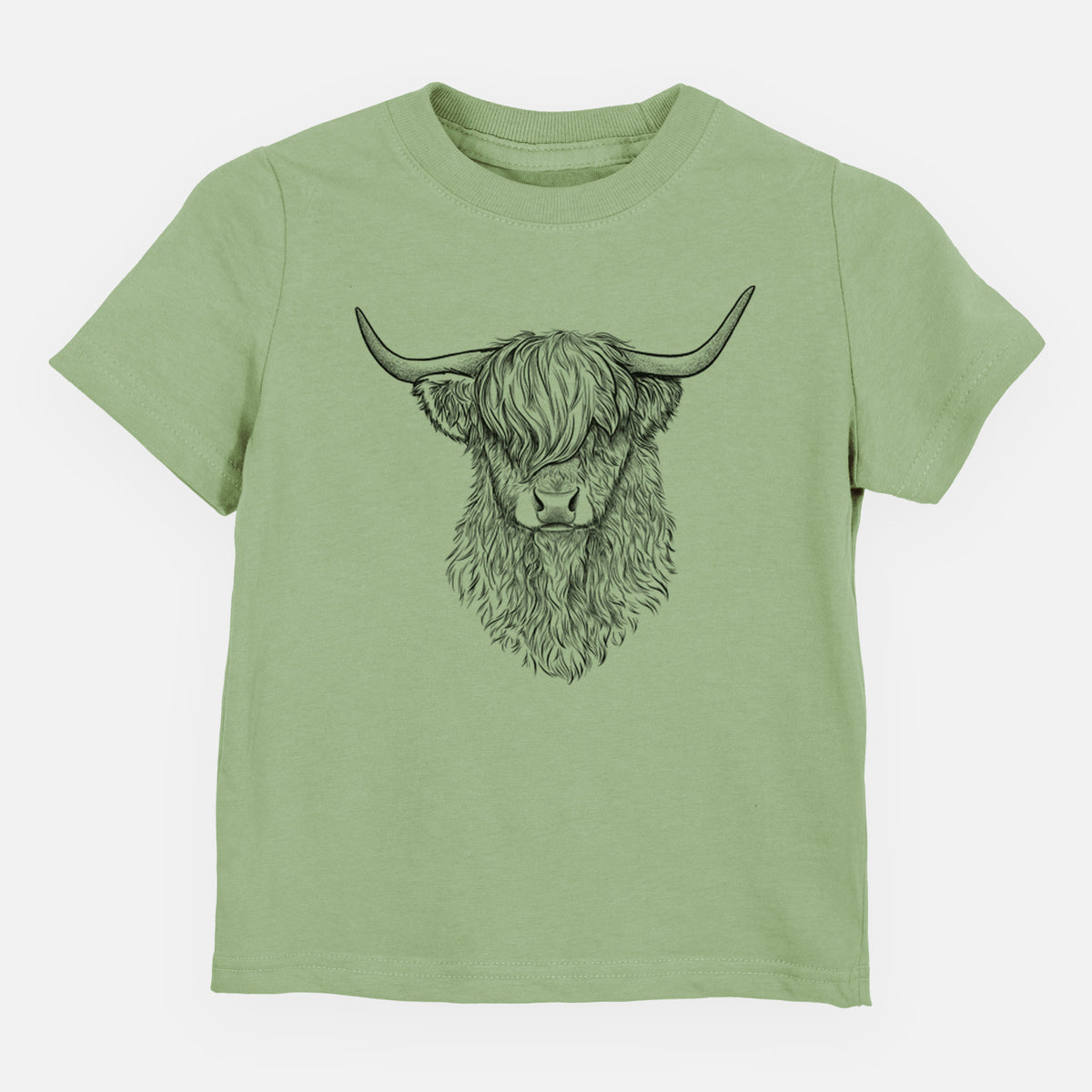 Sage green toddler t-shirt laid flat, printed with a detailed black ink portrait of a shaggy highland cow with long curved horns.