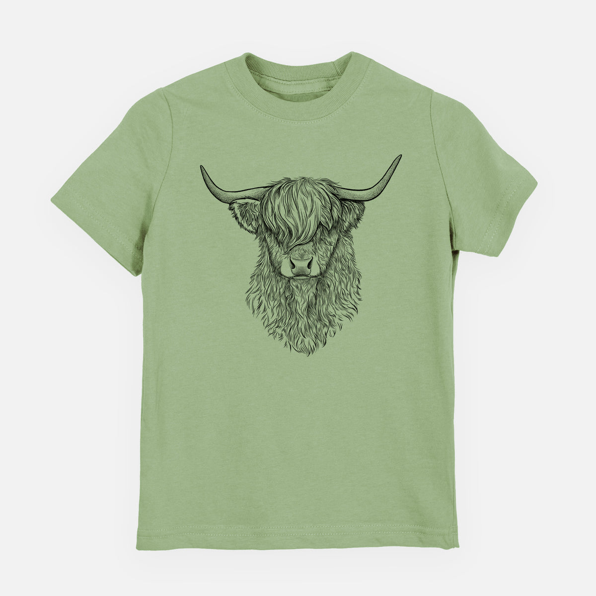 Sage green youth t-shirt laid flat, printed with a detailed black ink portrait of a shaggy highland cow with long curved horns.