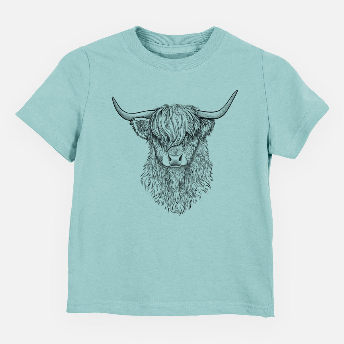 Saltwater toddler t-shirt laid flat, printed with a detailed black ink portrait of a shaggy highland cow with long curved horns.