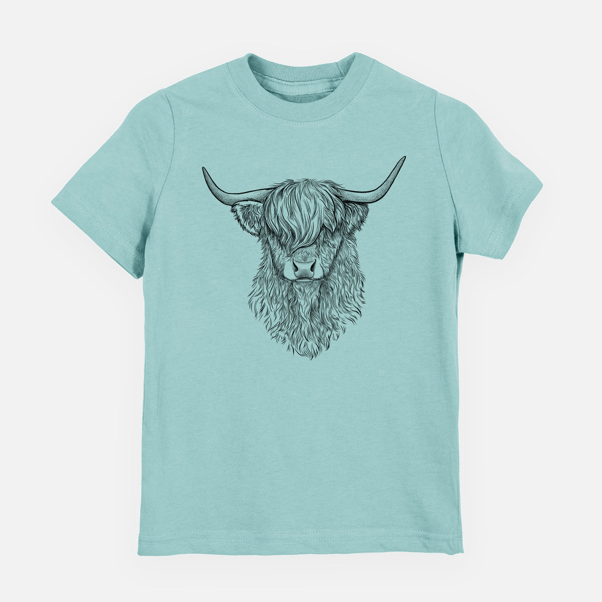 Saltwater youth t-shirt laid flat, printed with a detailed black ink portrait of a shaggy highland cow with long curved horns.