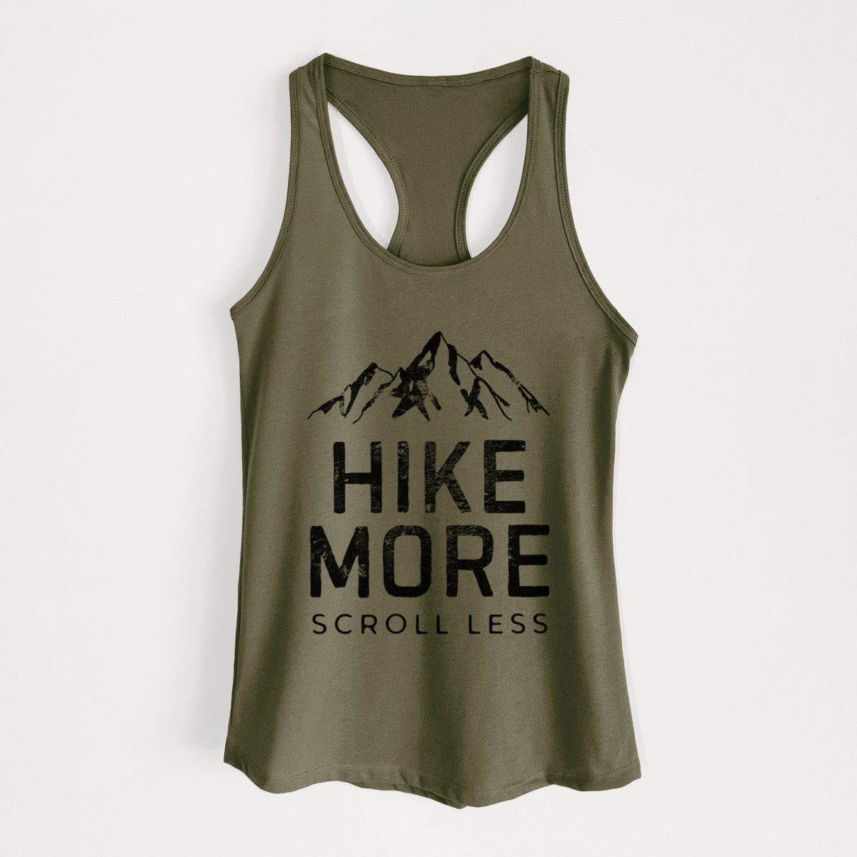 Military green women's racerback tank top laid flat, printed with black mountain peaks above the bold words Hike More, Scroll Less.