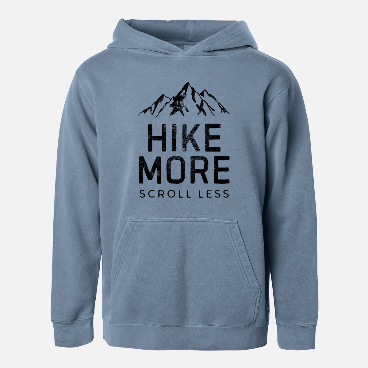 Slate blue youth pigment dyed hoodie laid flat, printed with black mountain peaks above the bold words Hike More, Scroll Less.