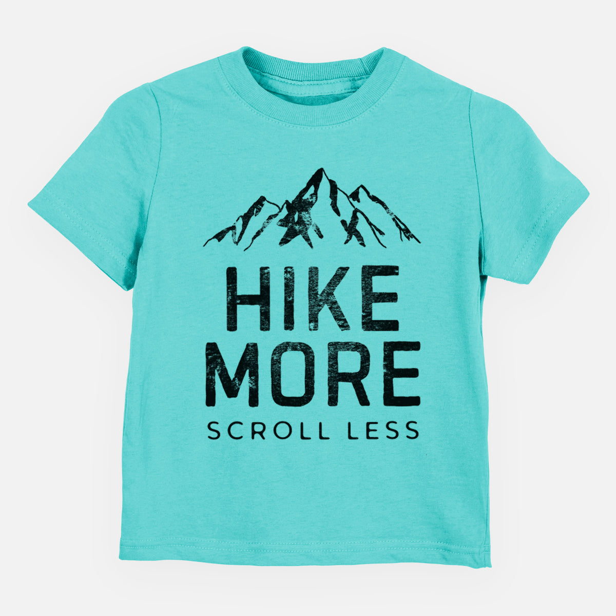 Caribbean blue toddler t-shirt laid flat, printed with black mountain peaks above the bold words Hike More, Scroll Less.