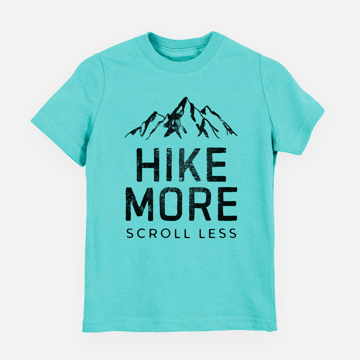 Caribbean blue youth t-shirt laid flat, printed with black mountain peaks above the bold words Hike More, Scroll Less.