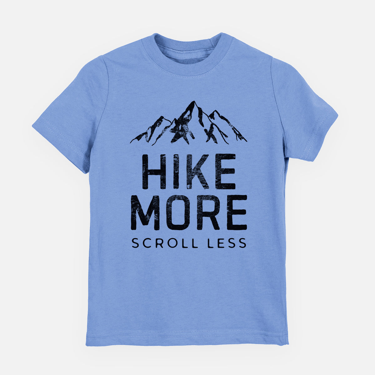 Carolina blue youth t-shirt laid flat, printed with black mountain peaks above the bold words Hike More, Scroll Less.