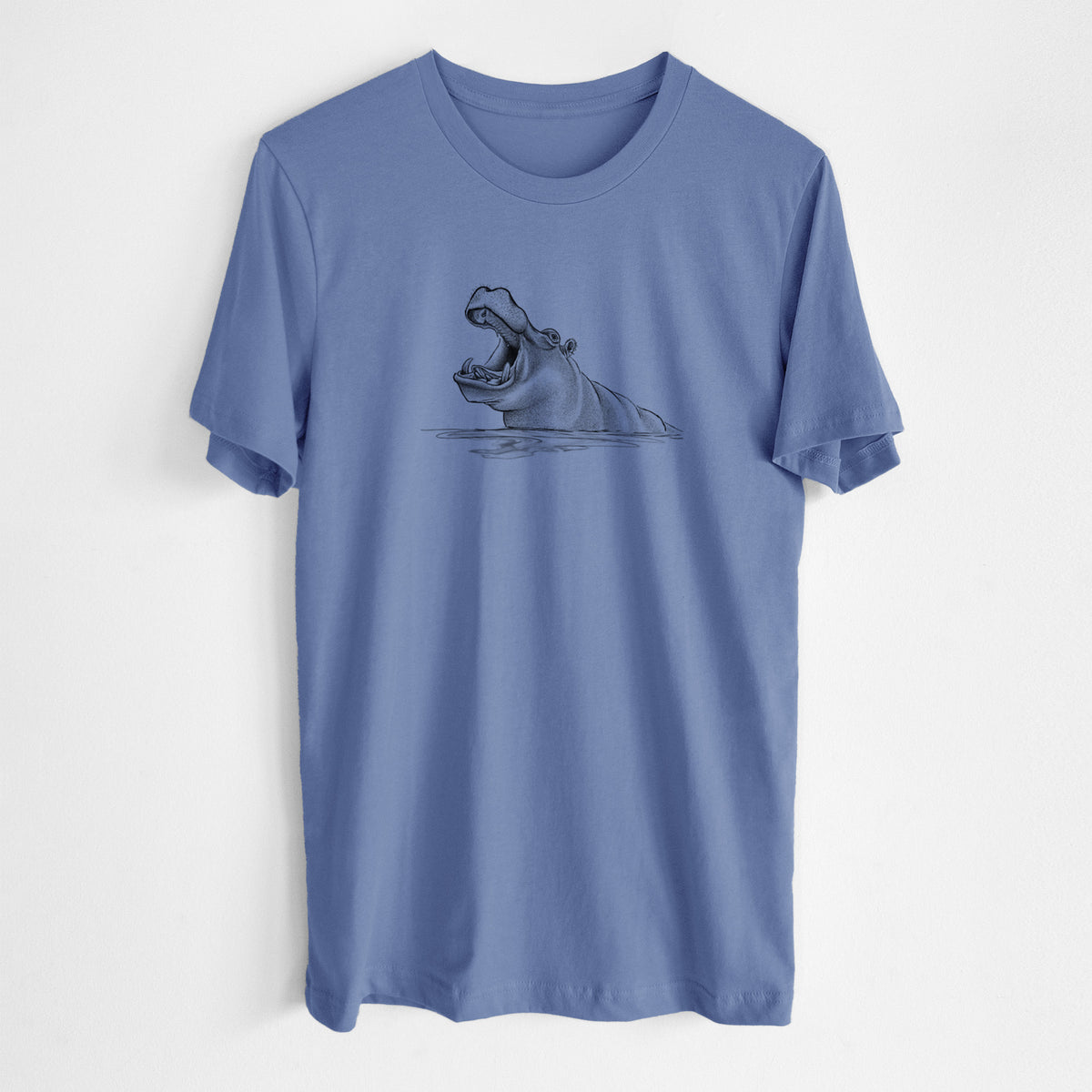 Blue bell lightweight cotton t-shirt laid flat, printed with a black ink illustration of a hippo yawning with its mouth wide open, half submerged in water.
