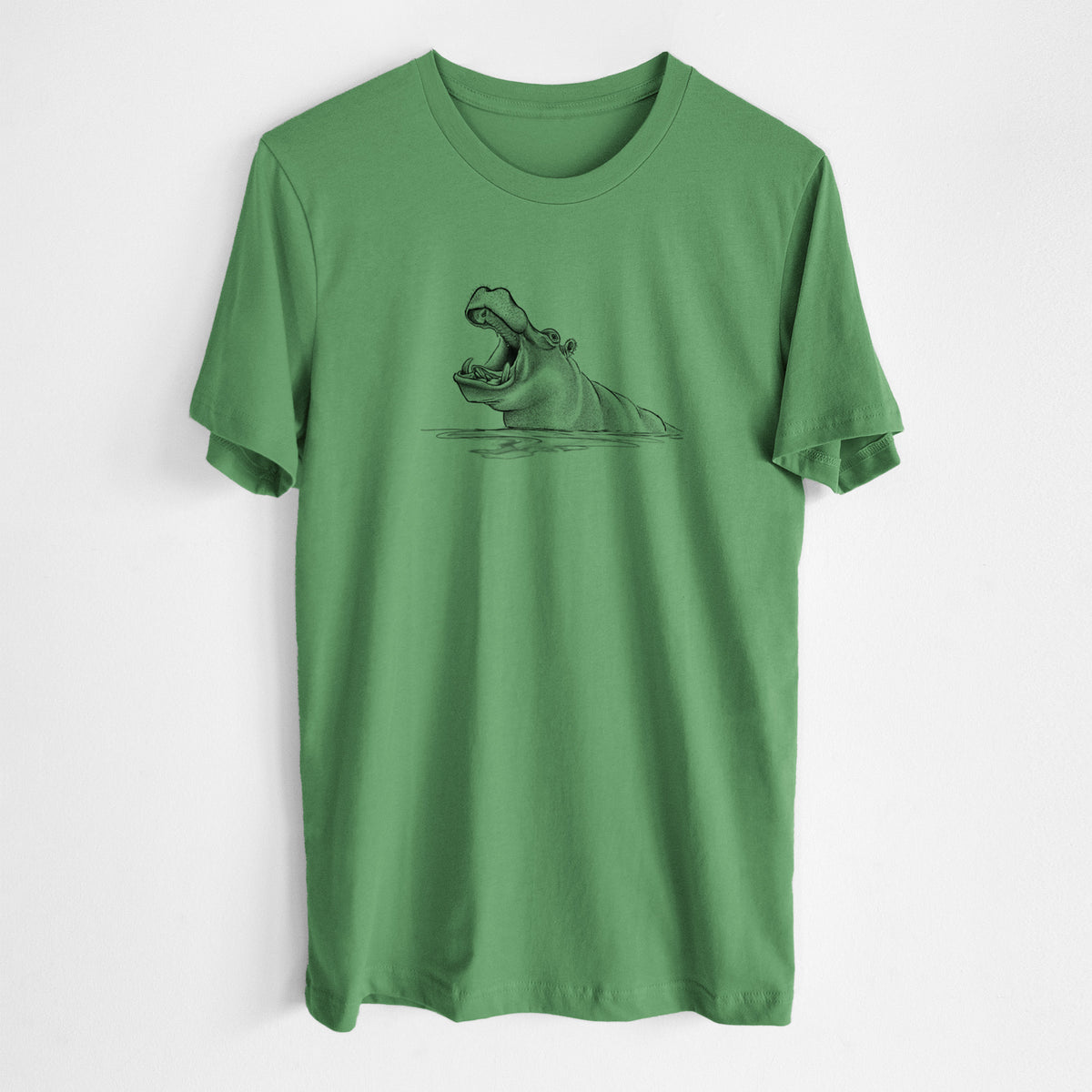 Leaf green lightweight cotton t-shirt laid flat, printed with a black ink illustration of a hippo yawning with its mouth wide open, half submerged in water.