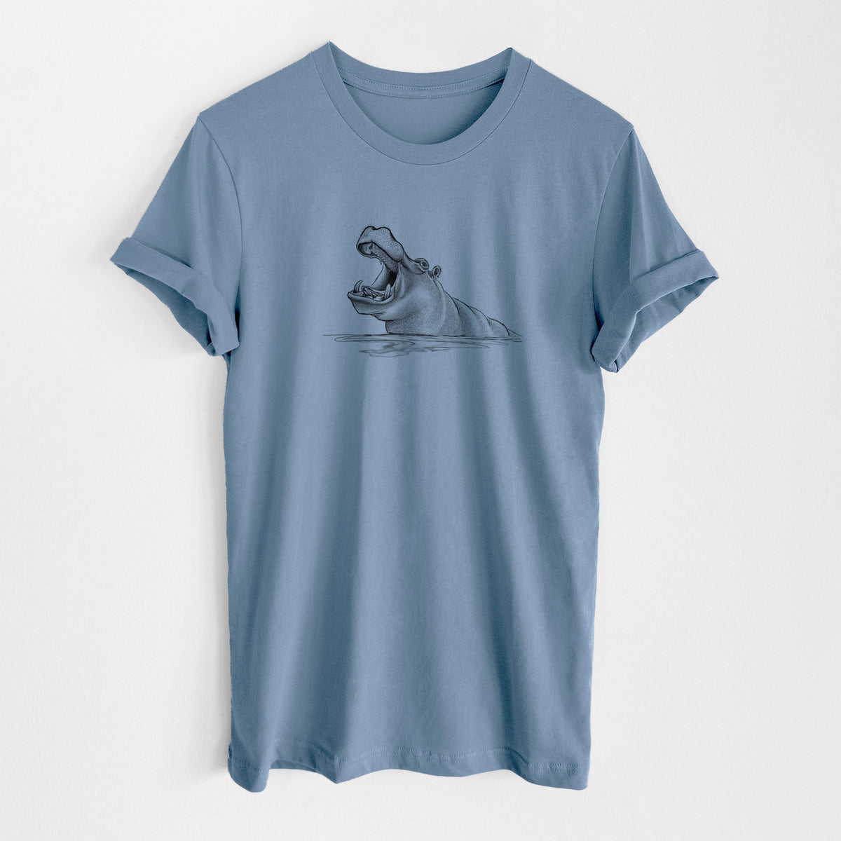 Steel blue lightweight cotton t-shirt laid flat, printed with a black ink illustration of a hippo yawning with its mouth wide open, half submerged in water.