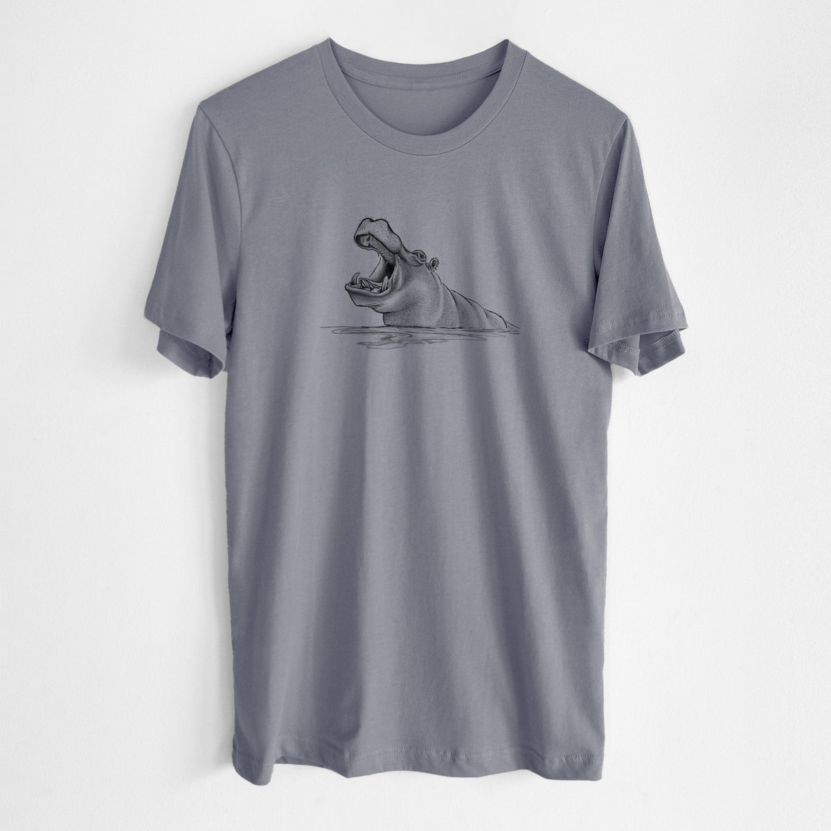 Storm grey lightweight cotton t-shirt laid flat, printed with a black ink illustration of a hippo yawning with its mouth wide open, half submerged in water.