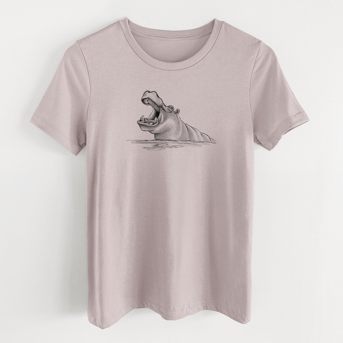 Pink gravel women's relaxed fit cotton t-shirt laid flat, printed with a black ink illustration of a hippo yawning with its mouth wide open, half submerged in water.