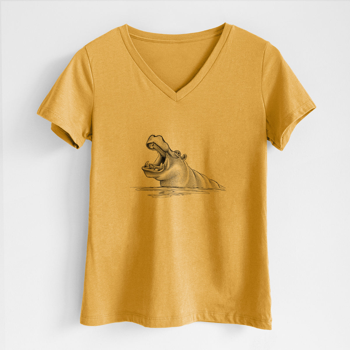 Honeycomb yellow women's relaxed fit cotton V-neck t-shirt laid flat, printed with a black ink illustration of a hippo yawning with its mouth wide open, half submerged in water.