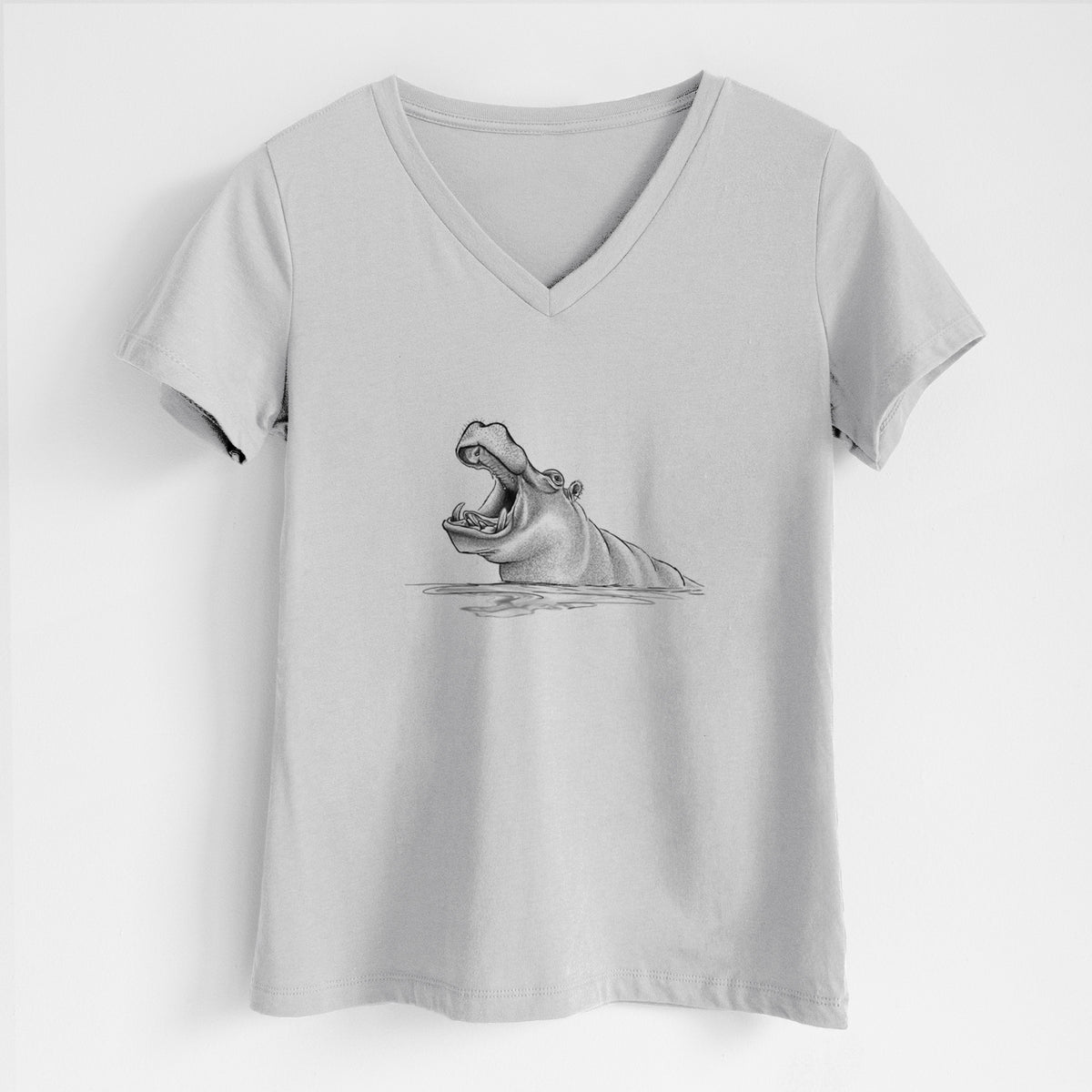 Lunar grey women's relaxed fit cotton V-neck t-shirt laid flat, printed with a black ink illustration of a hippo yawning with its mouth wide open, half submerged in water.