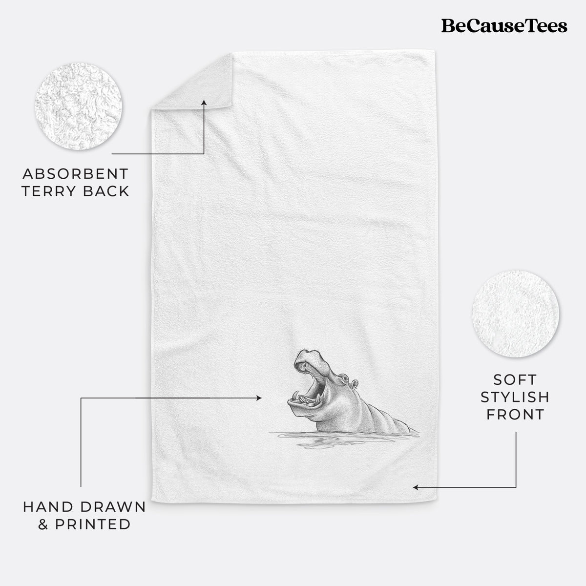White hand towel printed with a black ink illustration of a hippo yawning with its mouth wide open, half submerged in water.