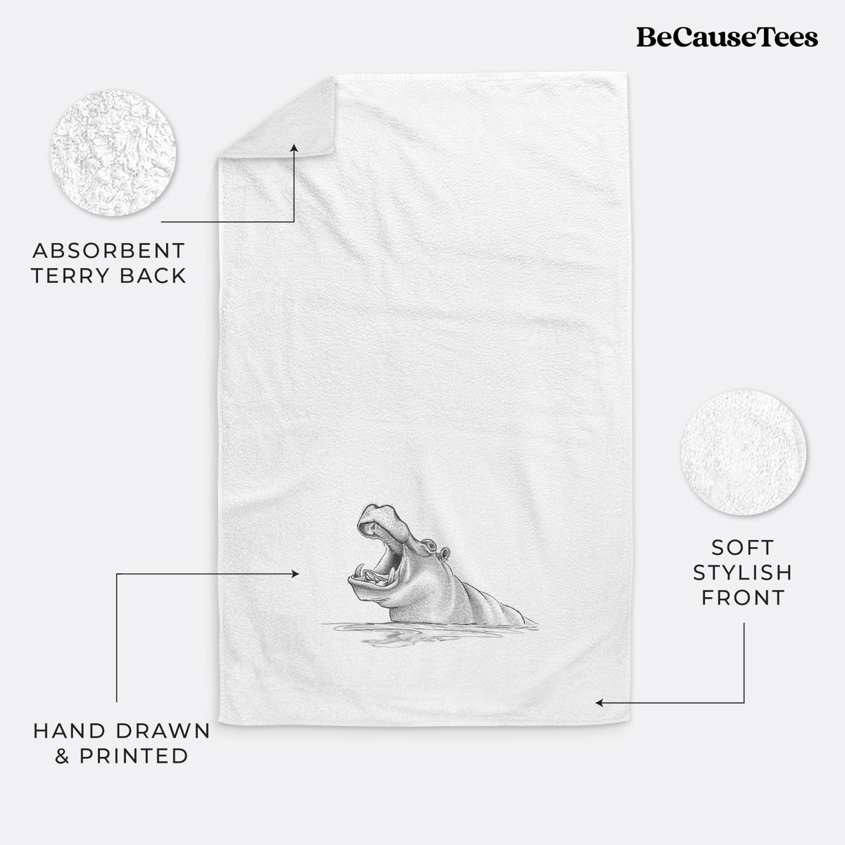 White hand towel printed with a black ink illustration of a hippo yawning with its mouth wide open, half submerged in water.