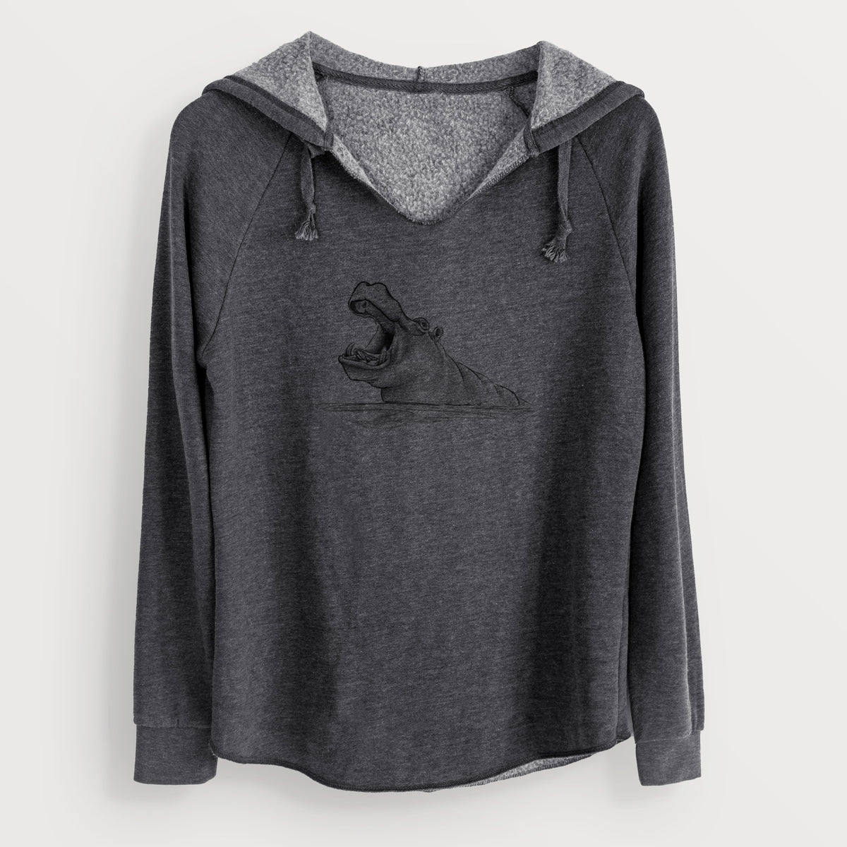 Charcoal grey women's Cali Wave hooded sweatshirt laid flat, printed with a black ink illustration of a hippo yawning with its mouth wide open, half submerged in water.