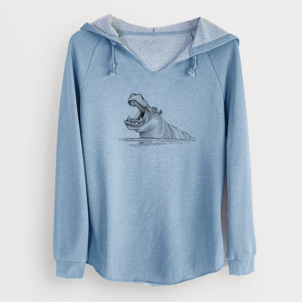 Misty blue women's Cali Wave hooded sweatshirt laid flat, printed with a black ink illustration of a hippo yawning with its mouth wide open, half submerged in water.