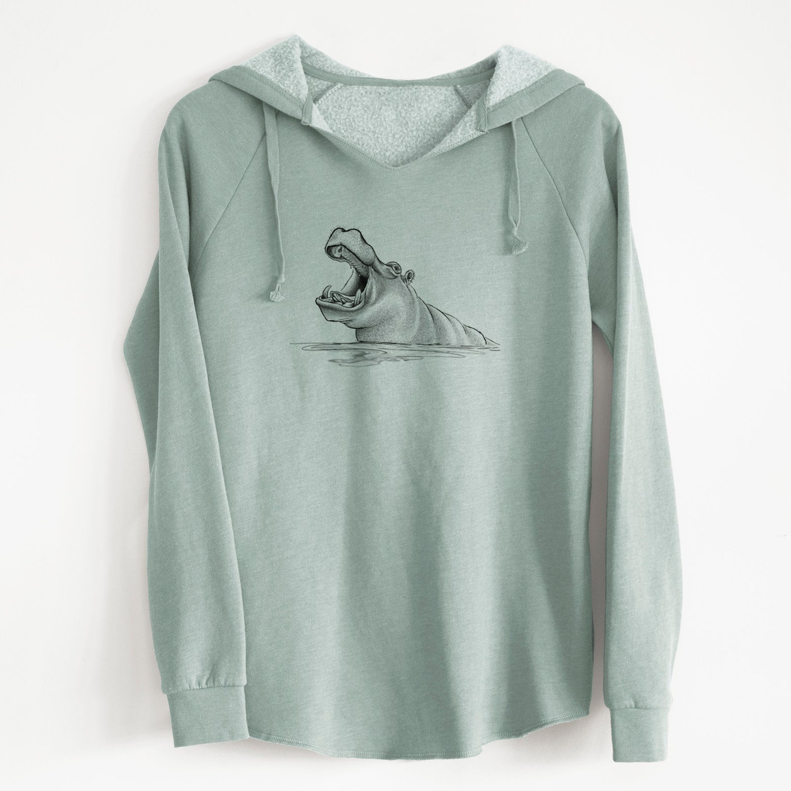 Sage green women's Cali Wave hooded sweatshirt laid flat, printed with a black ink illustration of a hippo yawning with its mouth wide open, half submerged in water.