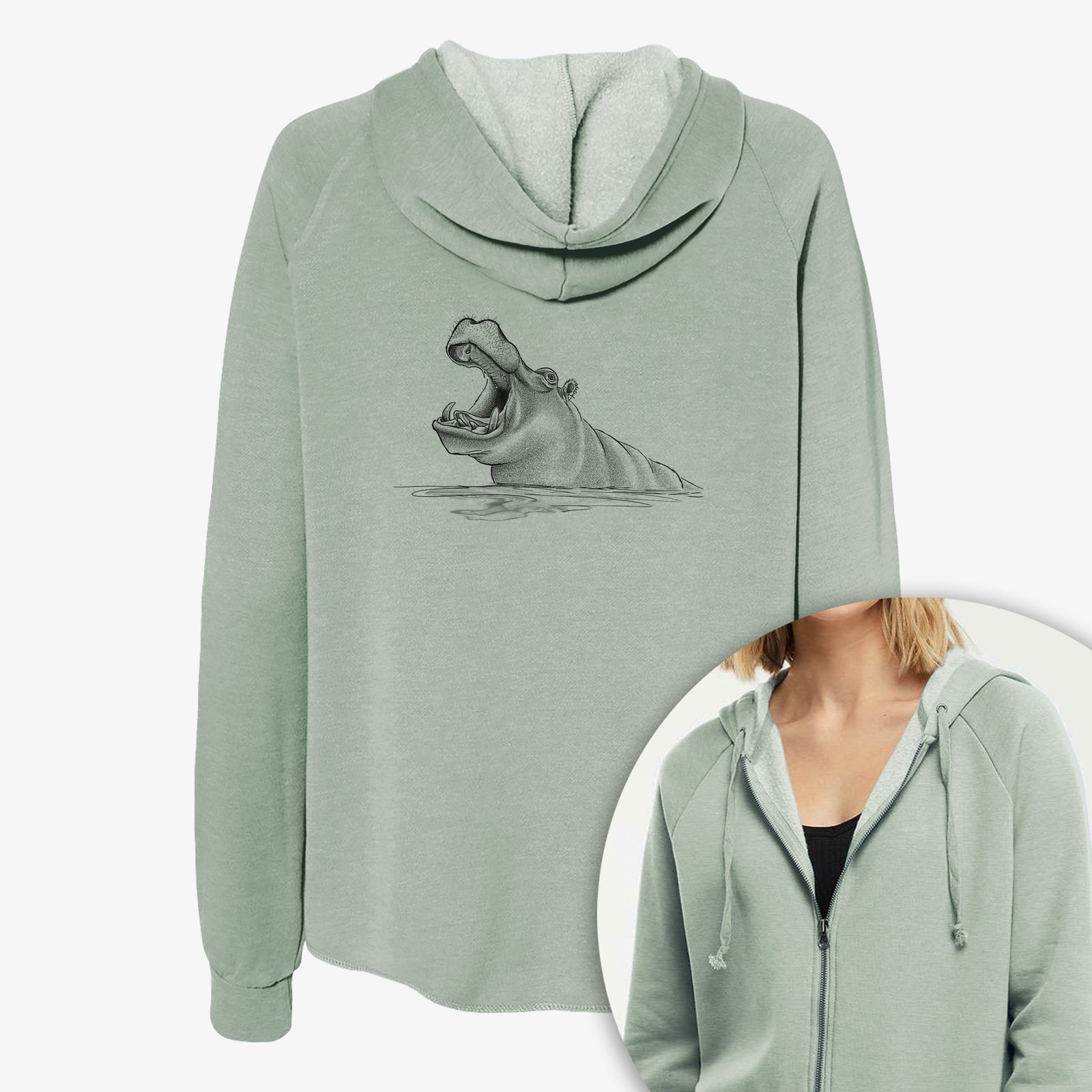 Women's Cali Wave zip-up sweatshirt printed with a black ink illustration of a hippo yawning with its mouth wide open, half submerged in water, with a close-up of the zipper.
