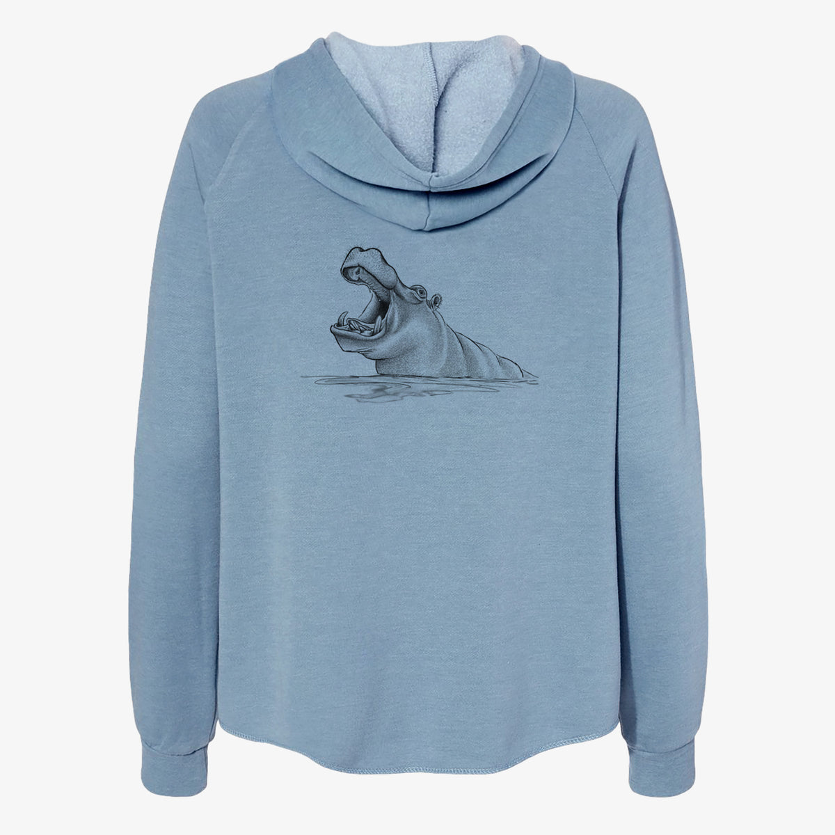 Misty blue women's Cali Wave zip-up sweatshirt laid flat, printed with a black ink illustration of a hippo yawning with its mouth wide open, half submerged in water.