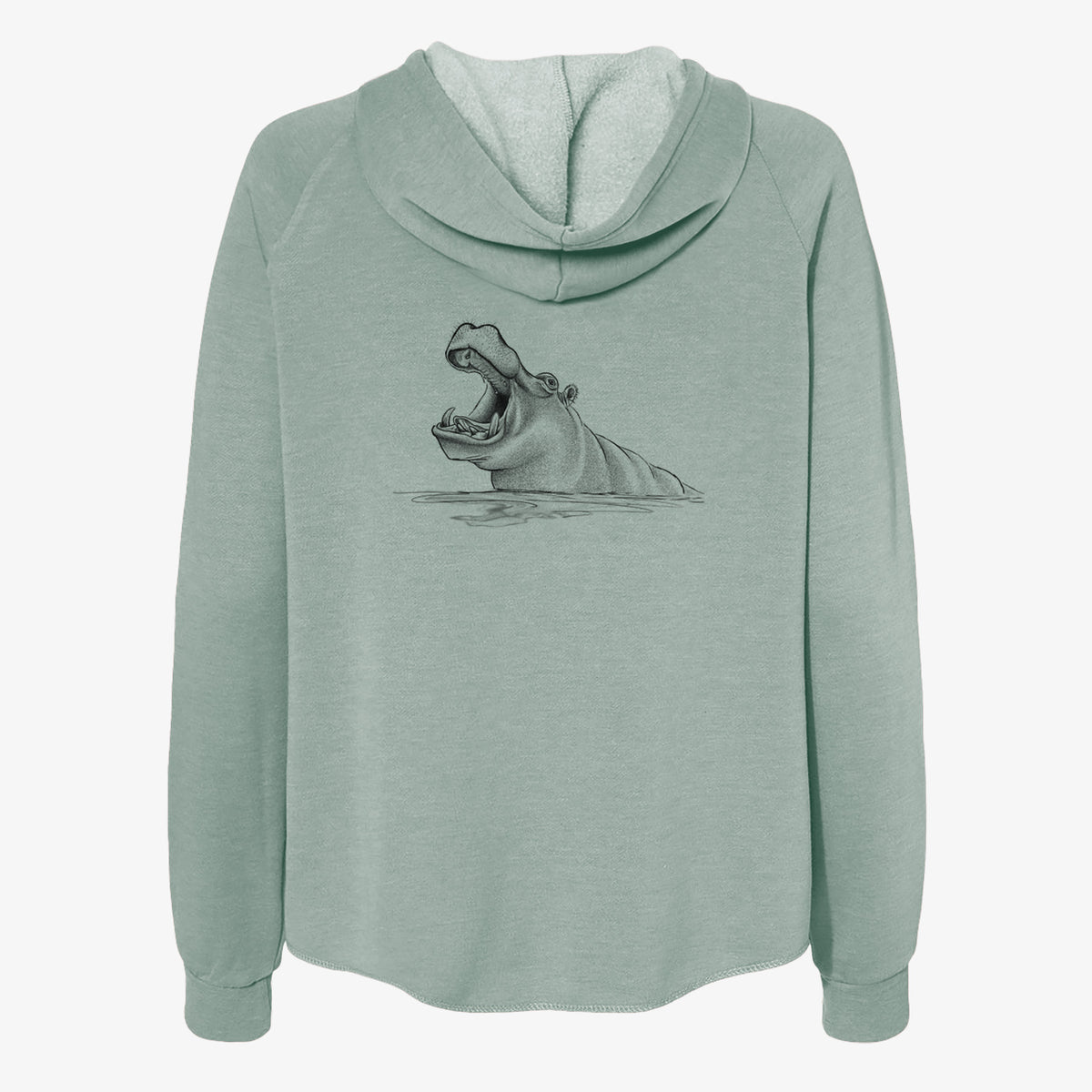 Sage green women's Cali Wave zip-up sweatshirt laid flat, printed with a black ink illustration of a hippo yawning with its mouth wide open, half submerged in water.