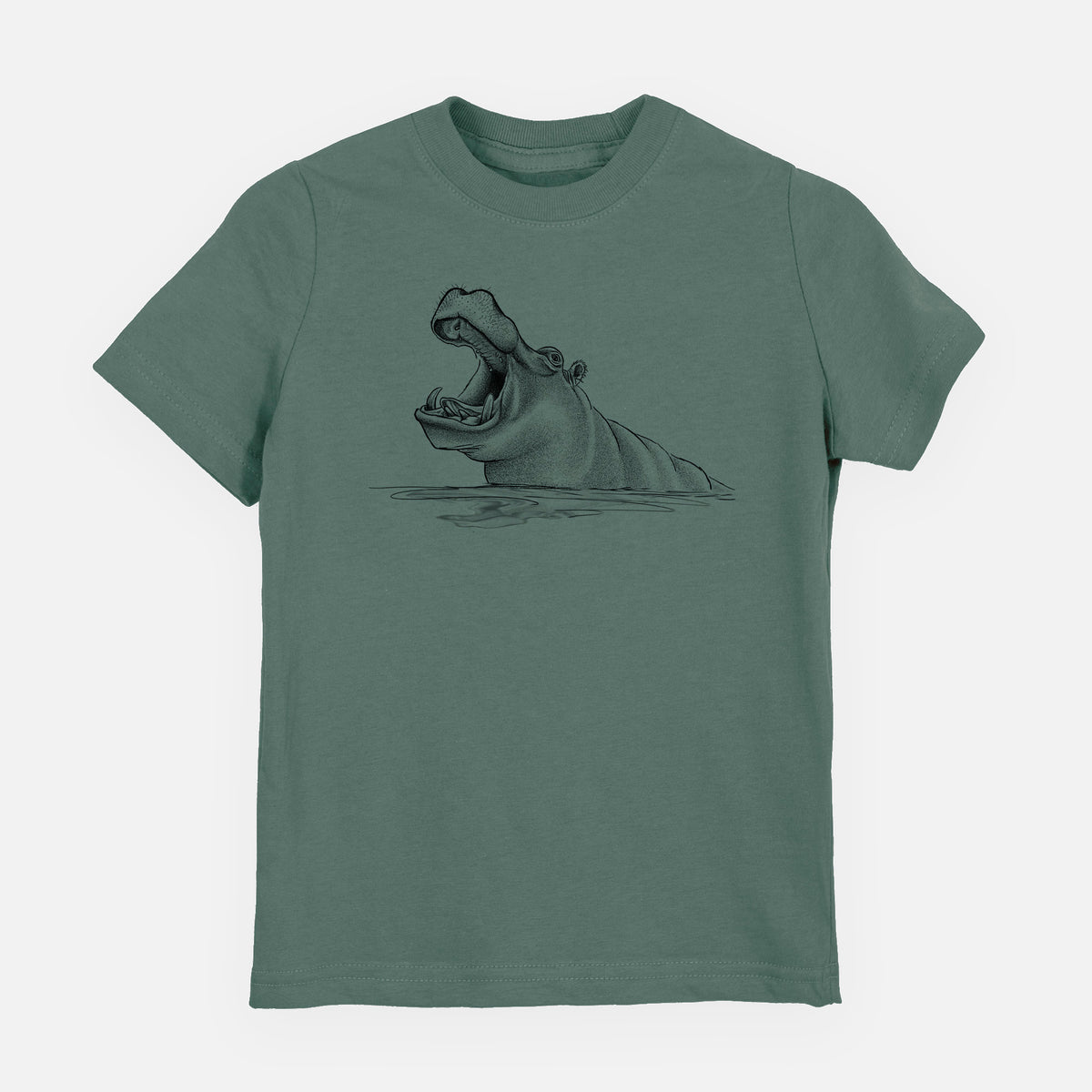 Basil green youth t-shirt laid flat, printed with a black ink illustration of a hippo yawning with its mouth wide open, half submerged in water.