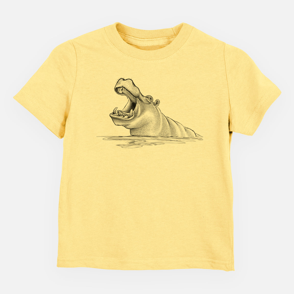 Butter yellow toddler t-shirt laid flat, printed with a black ink illustration of a hippo yawning with its mouth wide open, half submerged in water.