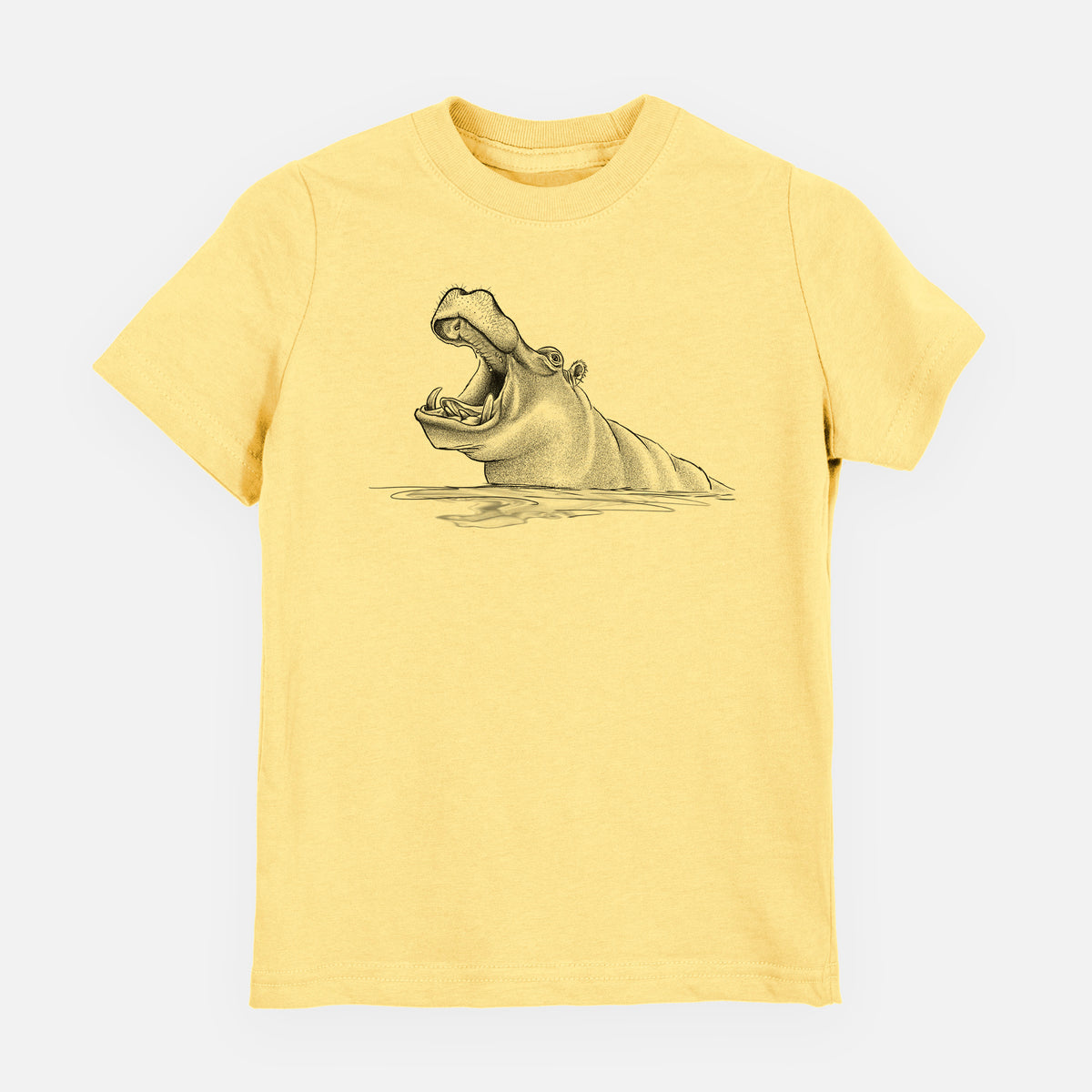 Butter yellow youth t-shirt laid flat, printed with a black ink illustration of a hippo yawning with its mouth wide open, half submerged in water.