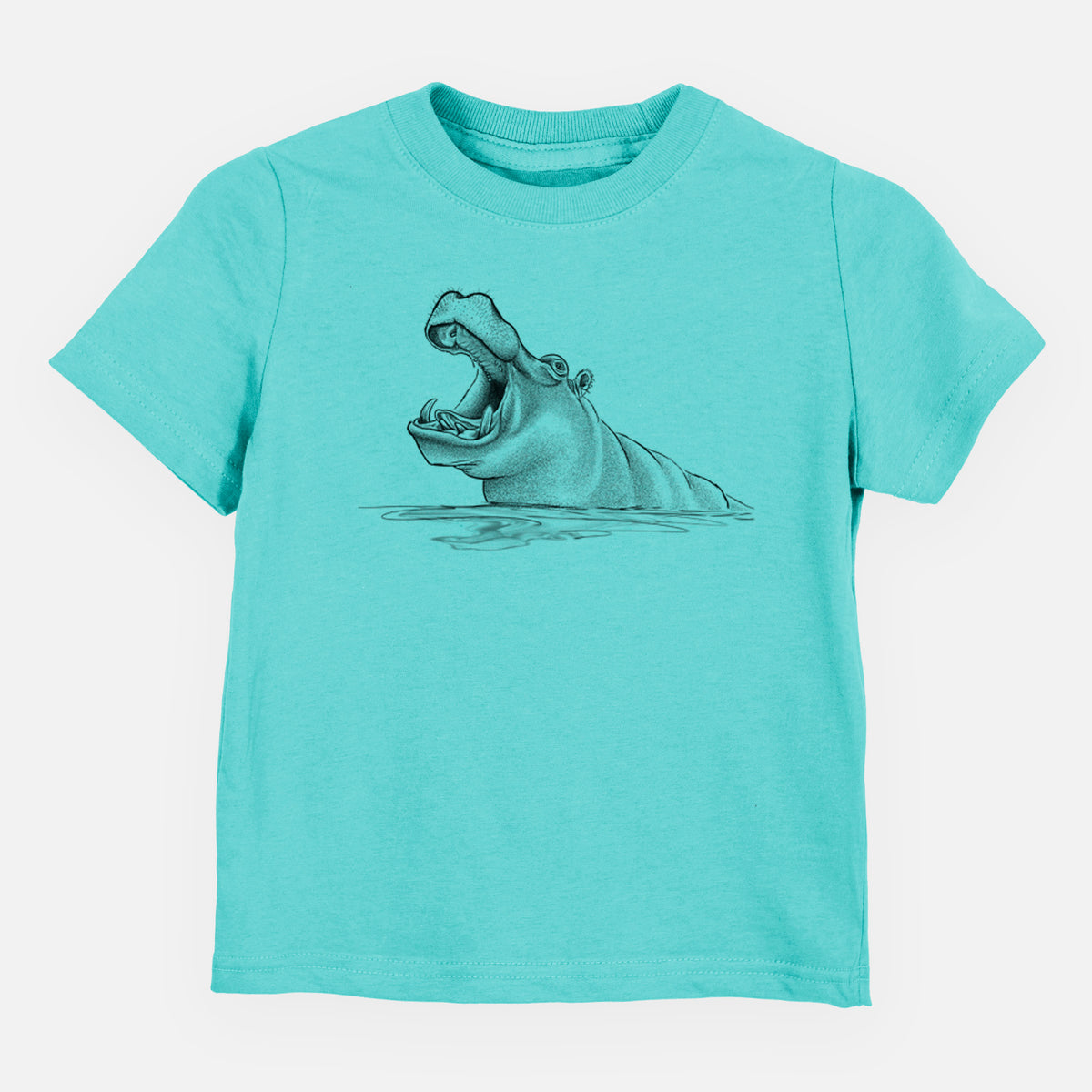 Caribbean blue toddler t-shirt laid flat, printed with a black ink illustration of a hippo yawning with its mouth wide open, half submerged in water.