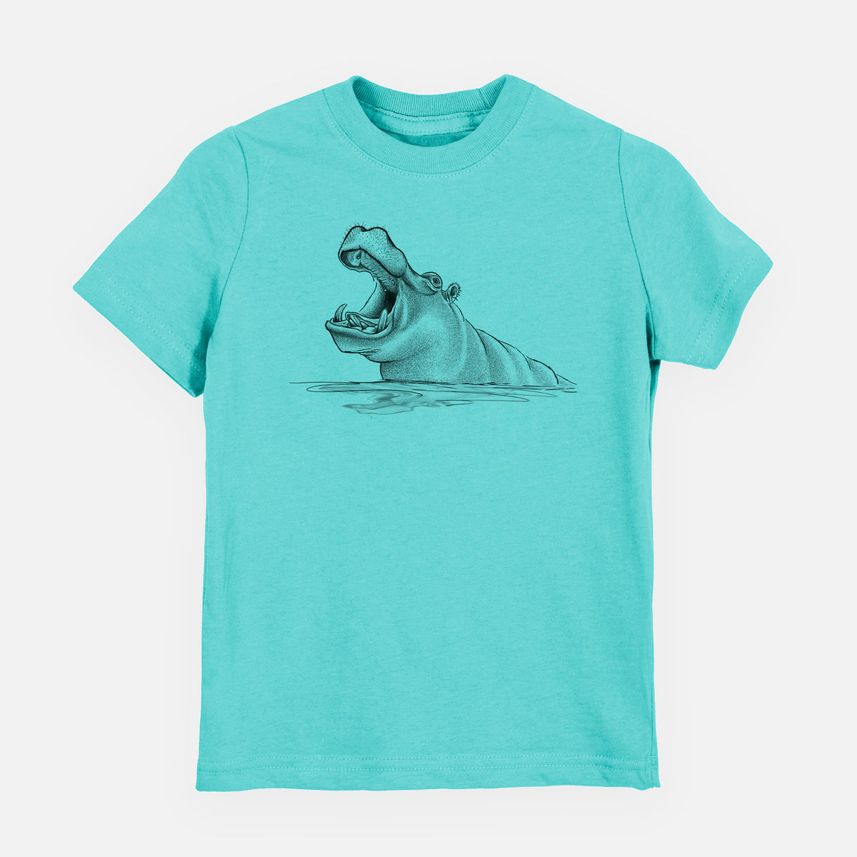 Caribbean blue youth t-shirt laid flat, printed with a black ink illustration of a hippo yawning with its mouth wide open, half submerged in water.